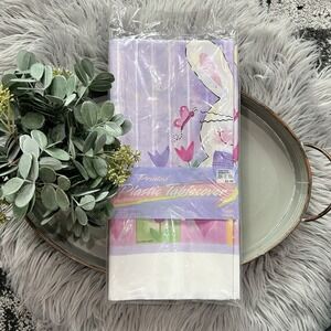 Paper Art Bunnies And Flowers Plastic Tablecloth Size 54 X 108 New Sealed VTG
